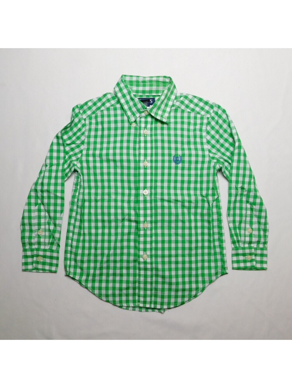 Chaps Boys Size 5 Green White Gingham Check Button Down Dress Shirt Easy Care